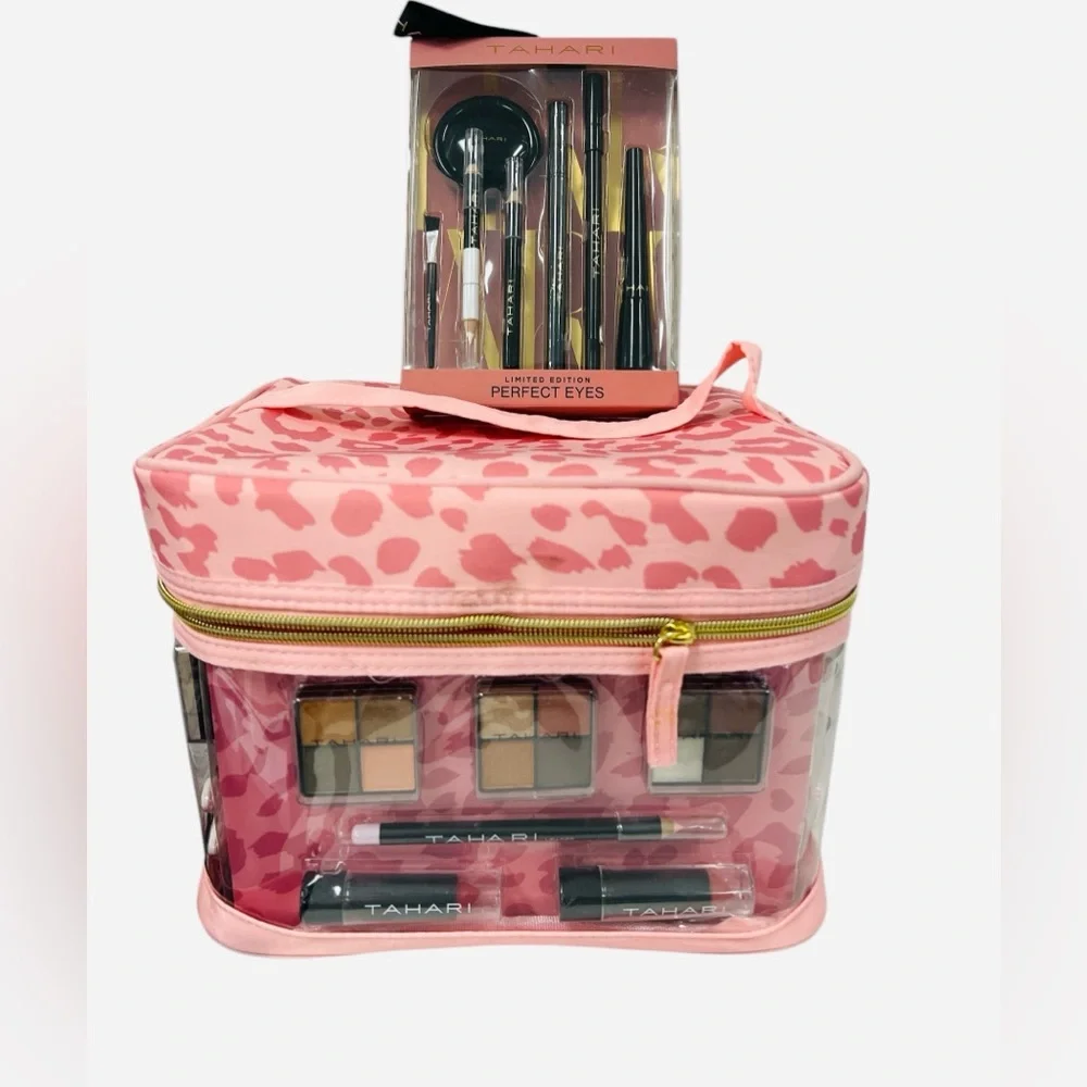 Tahari Train Case With Cosmetics Pink Leopard Print. Gift Included.